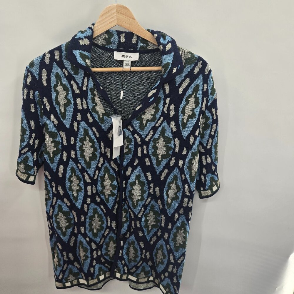 Jason Wu Navy Cream Green Jacquard Knit Camp Button Down Shirt Small